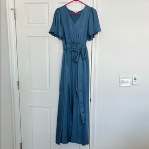 Baltic Born Blue Sicily Satin Maxi Dress with Tie Front and Flutter Sleeves
